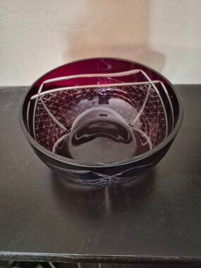 Hand-Cut Crystal Bowl Geometric Design Deep Amethyst Glass - 2.75" Tall 6.25"